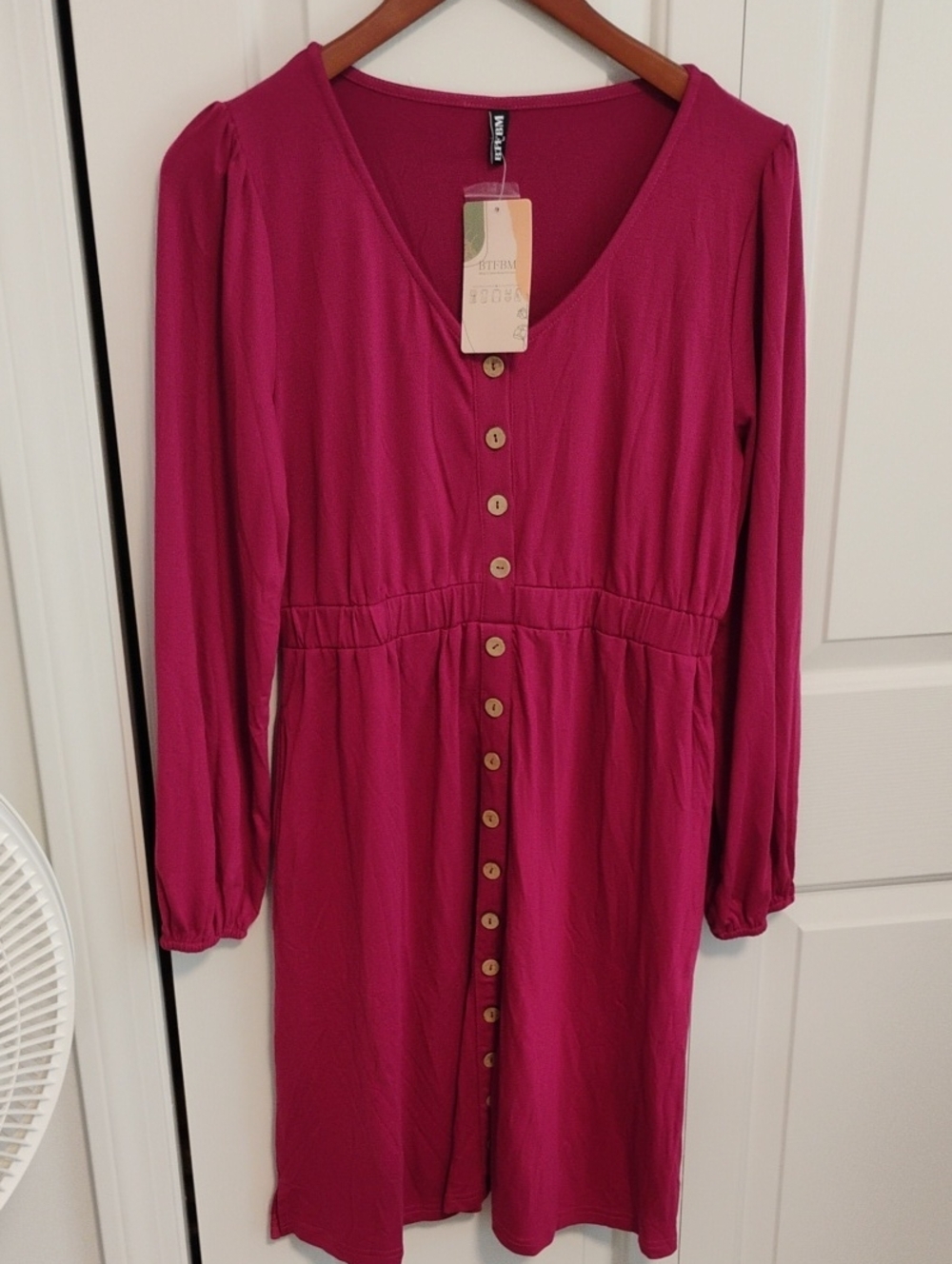 V-Neck Button-Front Long Sleeve Dress in Raspberry Pink